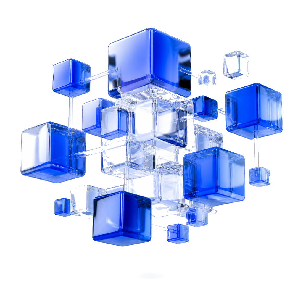 Interconnected translucent cobalt cubes representing intelligent systems